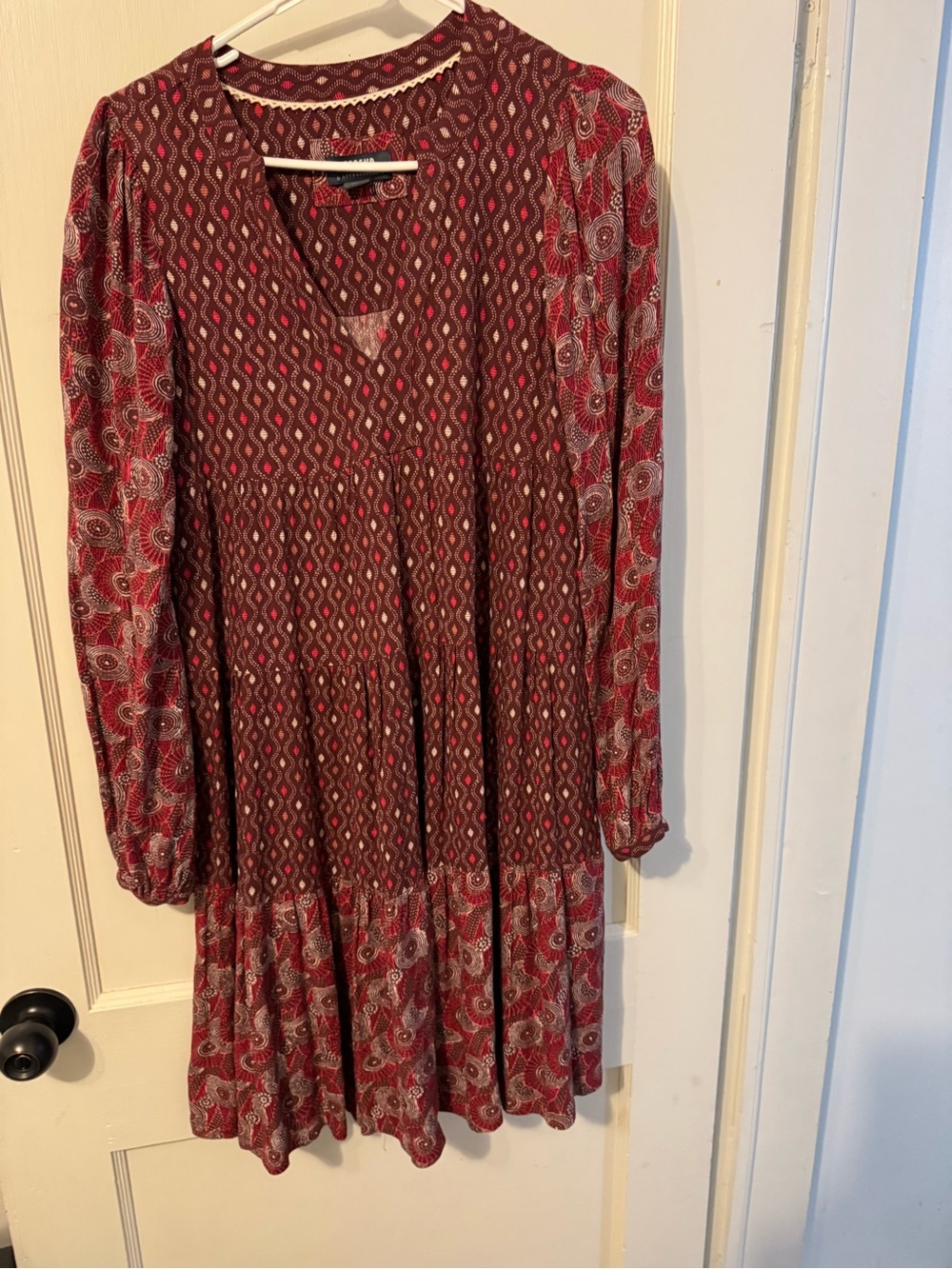 Anthropologie Multi-Pattern Red Long Sleeve Tiered Dress